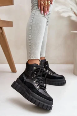 Damskie Ocieplane Botki Trapery Na Platformie Czarne Jelenia