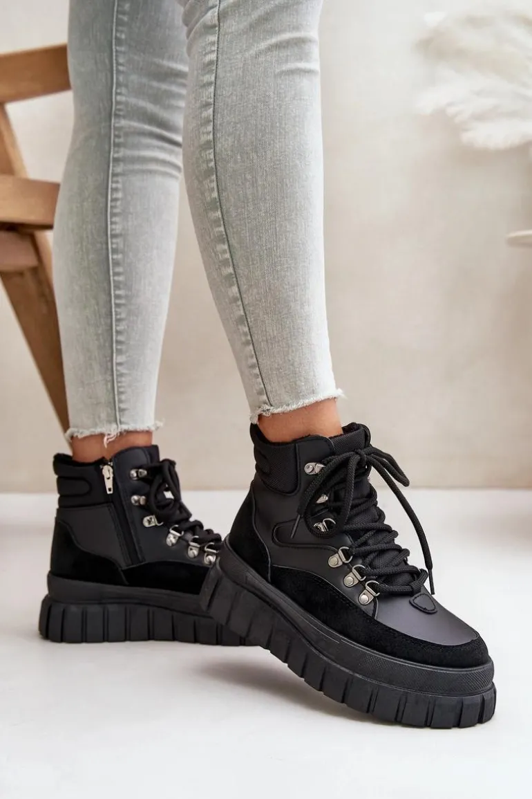 Damskie Ocieplane Botki Trapery Na Platformie Czarne Jelenia