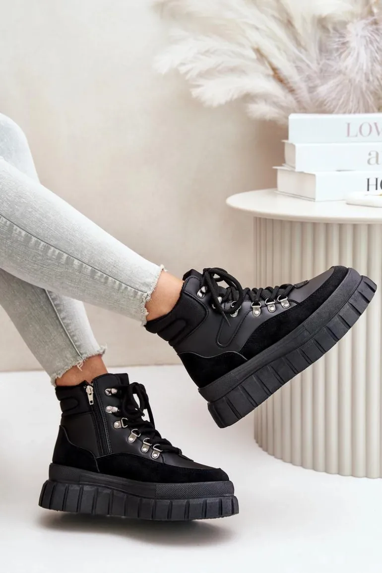 Damskie Ocieplane Botki Trapery Na Platformie Czarne Jelenia