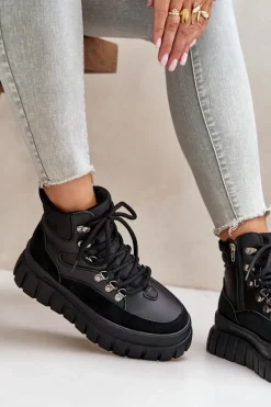 Damskie Ocieplane Botki Trapery Na Platformie Czarne Jelenia