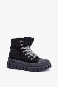 Damskie Ocieplane Botki Trapery Na Platformie Czarne Alcyhen
