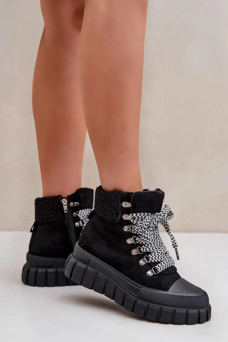 Damskie Ocieplane Botki Trapery Na Platformie Czarne Alcyhen