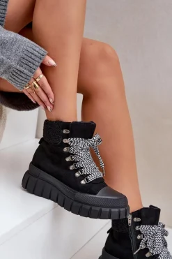 Damskie Ocieplane Botki Trapery Na Platformie Czarne Alcyhen