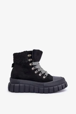 Damskie Ocieplane Botki Trapery Na Platformie Czarne Alcyhen