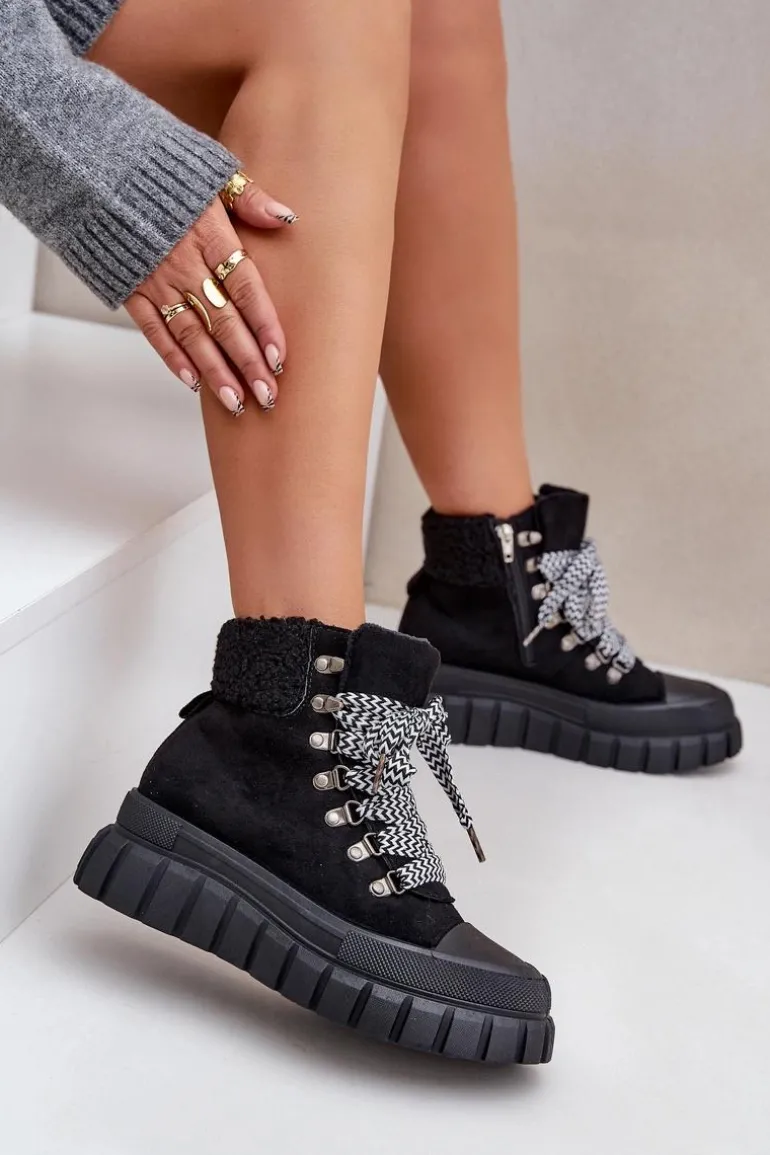 Damskie Ocieplane Botki Trapery Na Platformie Czarne Alcyhen