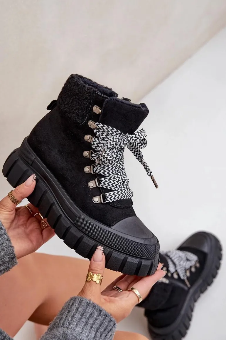 Damskie Ocieplane Botki Trapery Na Platformie Czarne Alcyhen