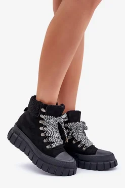 Damskie Ocieplane Botki Trapery Na Platformie Czarne Alcyhen
