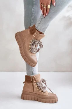 Damskie Ocieplane Botki Trapery Na Platformie Brązowe Alcyhen