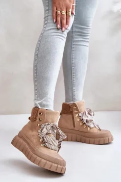 Damskie Ocieplane Botki Trapery Na Platformie Brązowe Alcyhen