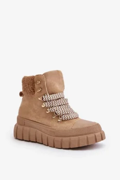 Damskie Ocieplane Botki Trapery Na Platformie Brązowe Alcyhen