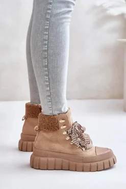 Damskie Ocieplane Botki Trapery Na Platformie Brązowe Alcyhen