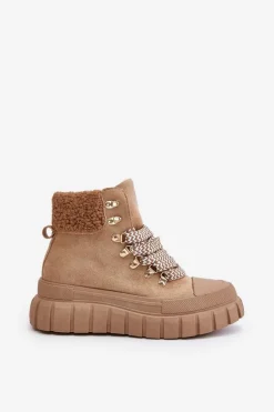 Damskie Ocieplane Botki Trapery Na Platformie Brązowe Alcyhen
