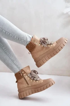 Damskie Ocieplane Botki Trapery Na Platformie Brązowe Alcyhen