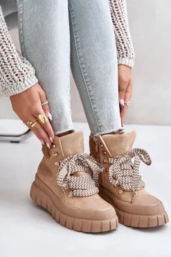 Damskie Ocieplane Botki Trapery Na Platformie Brązowe Alcyhen