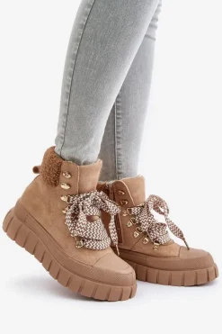 Damskie Ocieplane Botki Trapery Na Platformie Brązowe Alcyhen