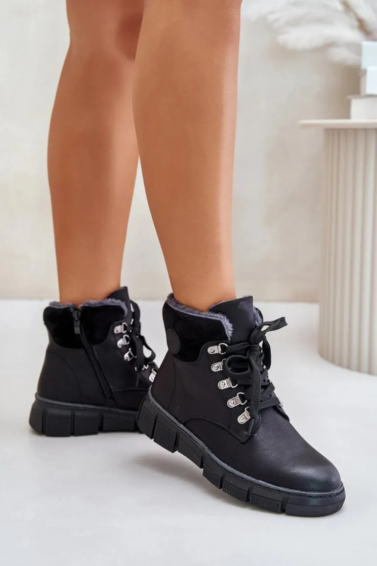 Damskie Ocieplane Botki Trapery Na Zamek Czarne Mevanisa