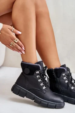 Damskie Ocieplane Botki Trapery Na Zamek Czarne Mevanisa