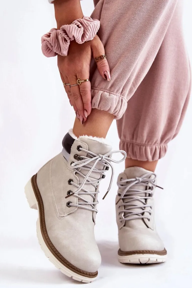 Damskie Ocieplane Botki Trapery Jasnoszare Lonne