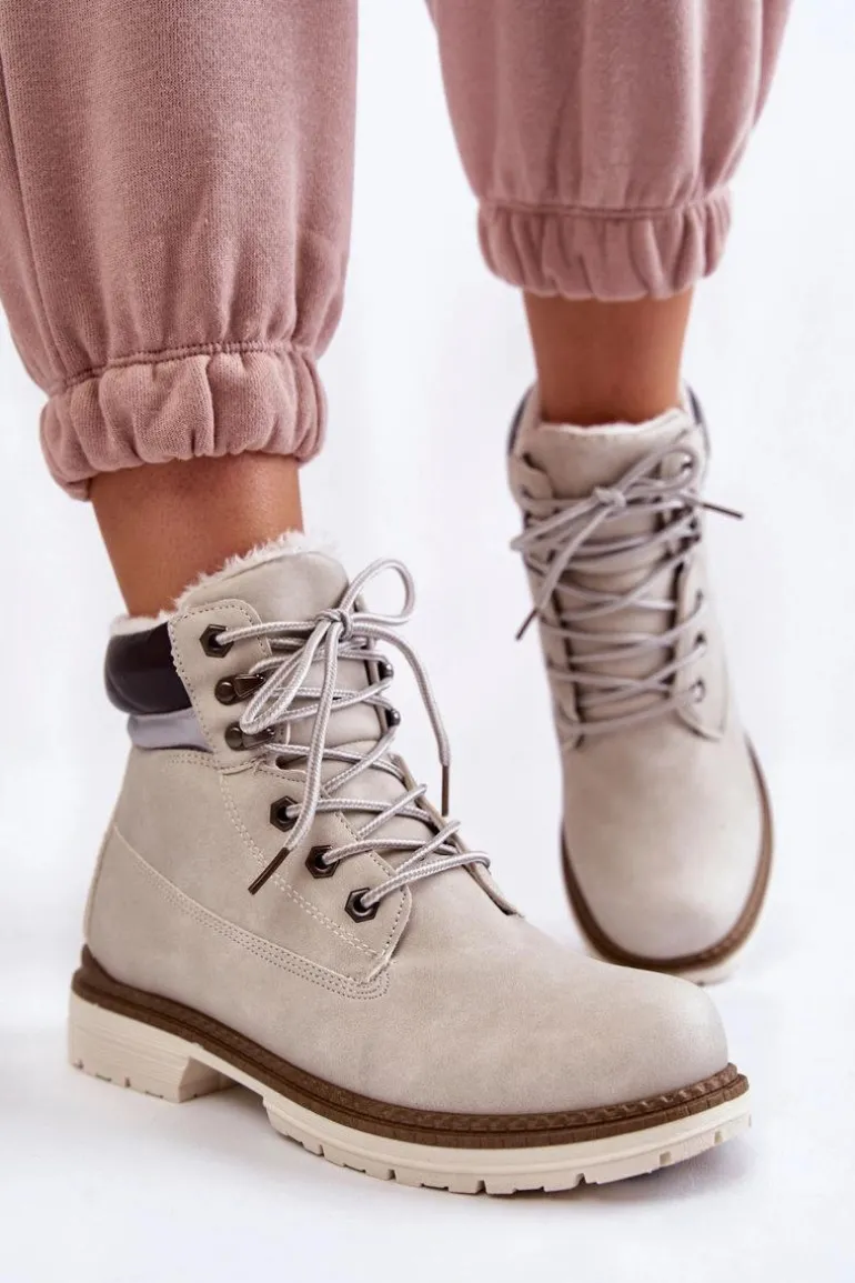 Damskie Ocieplane Botki Trapery Jasnoszare Lonne