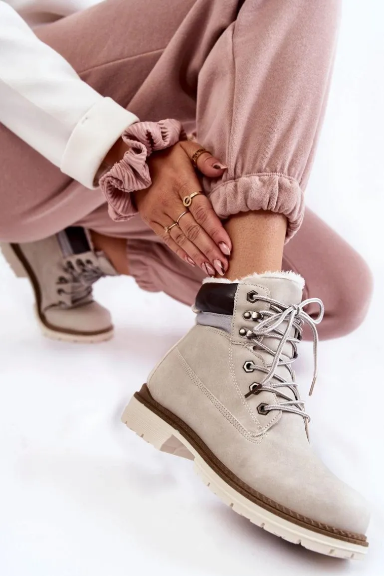 Damskie Ocieplane Botki Trapery Jasnoszare Lonne