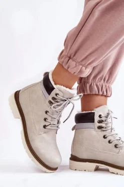 Damskie Ocieplane Botki Trapery Jasnoszare Lonne