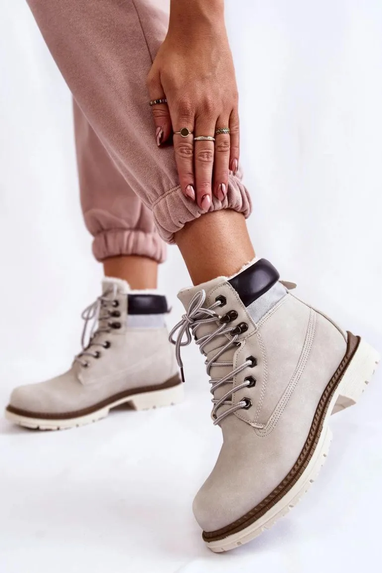 Damskie Ocieplane Botki Trapery Jasnoszare Lonne