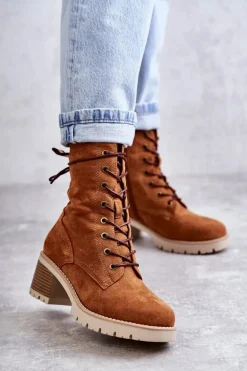 Damskie Ocieplane Botki Trapery Na Obcasie Camel Julieta