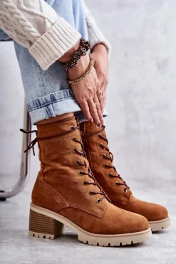 Damskie Ocieplane Botki Trapery Na Obcasie Camel Julieta