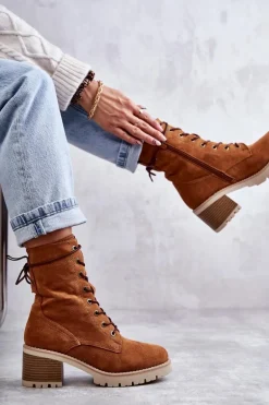 Damskie Ocieplane Botki Trapery Na Obcasie Camel Julieta
