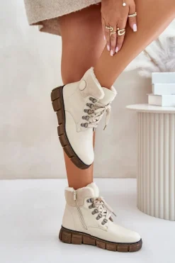 Damskie Ocieplane Botki Trapery Na Zamek Beżowe Mevanisa