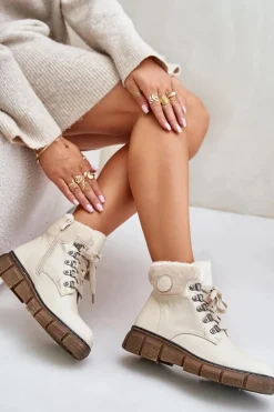 Damskie Ocieplane Botki Trapery Na Zamek Beżowe Mevanisa