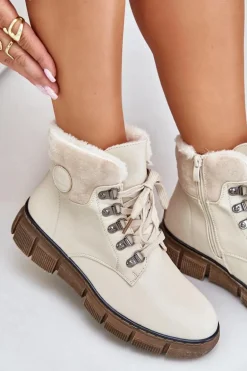 Damskie Ocieplane Botki Trapery Na Zamek Beżowe Mevanisa