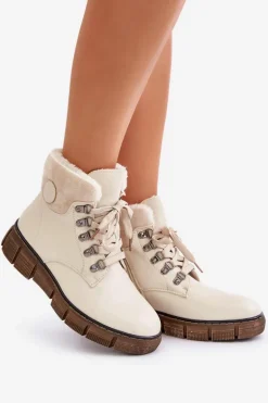 Damskie Ocieplane Botki Trapery Na Zamek Beżowe Mevanisa