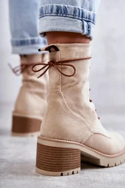 Damskie Ocieplane Botki Trapery Na Obcasie Beżowe Julieta