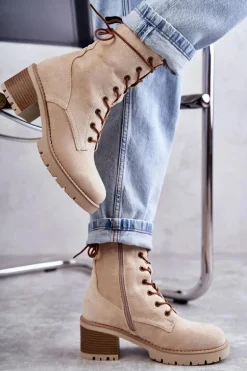 Damskie Ocieplane Botki Trapery Na Obcasie Beżowe Julieta