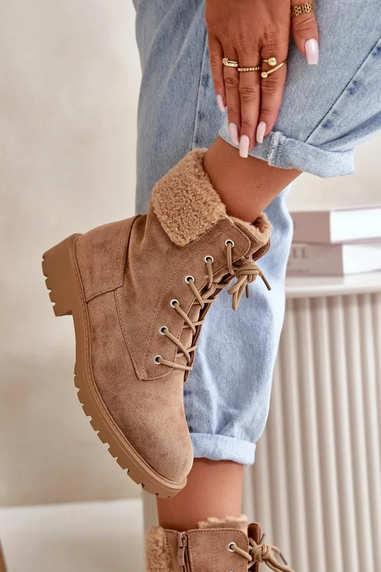 Damskie Ocieplane Botki Workery Na Zamek Brązowe Mivael