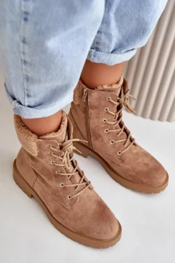 Damskie Ocieplane Botki Workery Na Zamek Brązowe Mivael