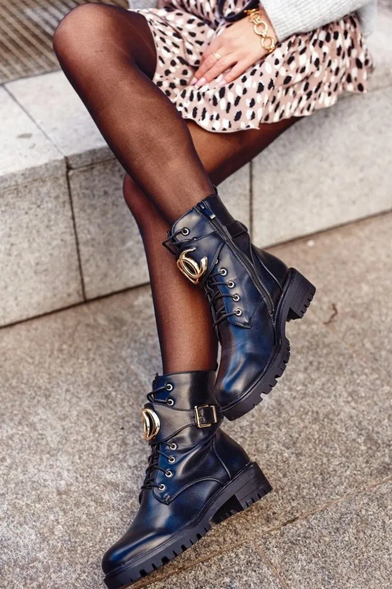 Damskie Ocieplane Botki Workery Złota Klamra Czarne Gold