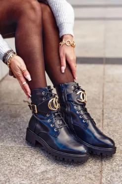 Damskie Ocieplane Botki Workery Złota Klamra Czarne Gold