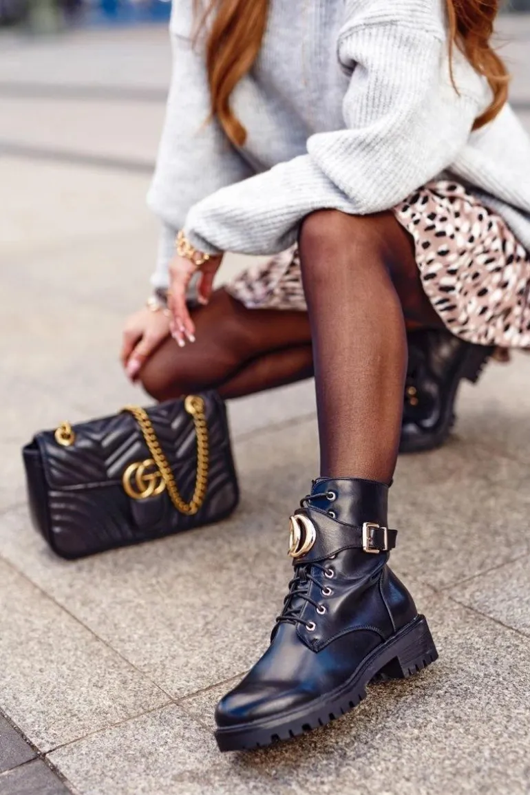 Damskie Ocieplane Botki Workery Złota Klamra Czarne Gold