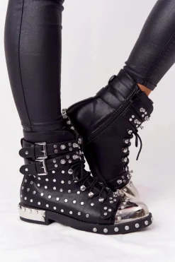 Damskie Ocieplane Botki Workery Z Dżetami Czarne Lu Boo