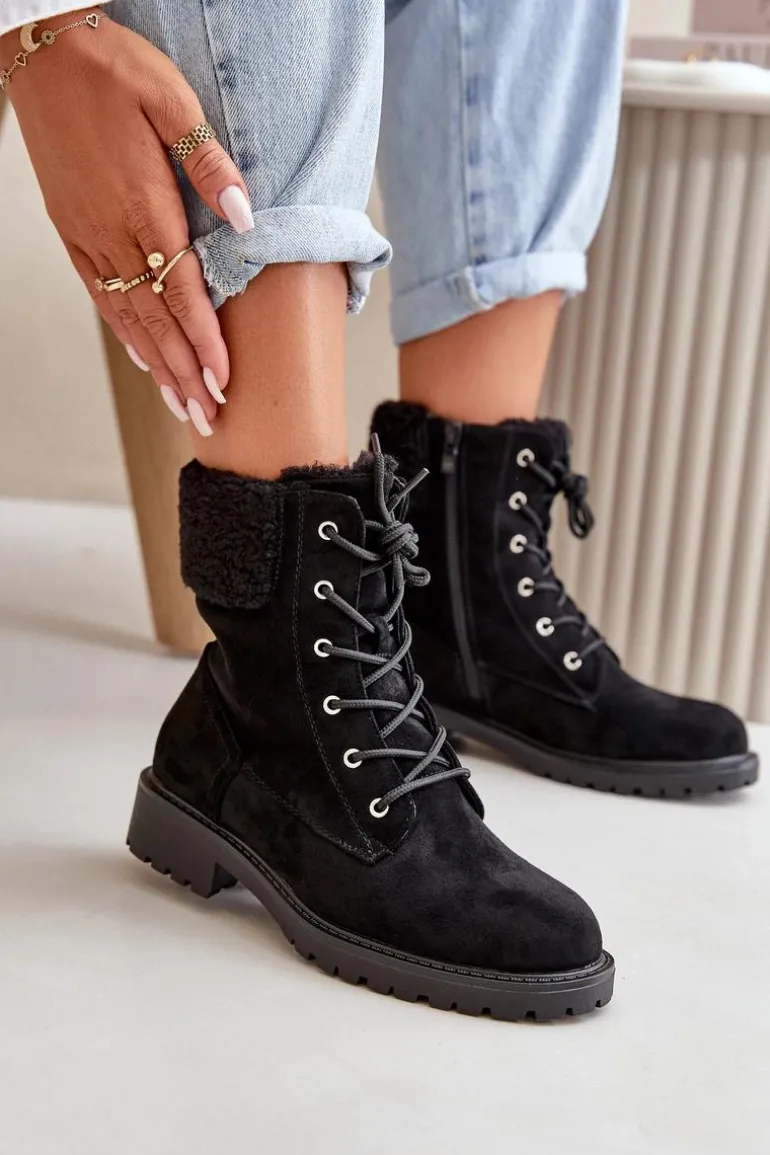 Damskie Ocieplane Botki Workery Na Zamek Czarne Mivael