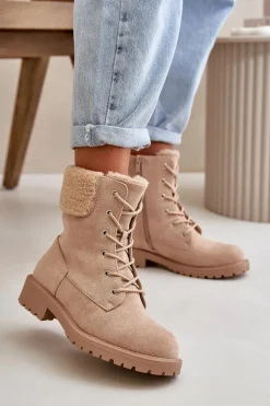 Damskie Ocieplane Botki Workery Na Zamek Beżowe Mivael