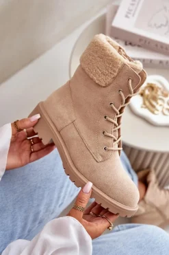 Damskie Ocieplane Botki Workery Na Zamek Beżowe Mivael