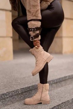 Damskie Ocieplane Botki Workery Na Zamek Beżowe Mivael