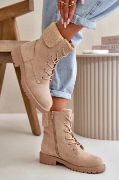 Damskie Ocieplane Botki Workery Na Zamek Beżowe Mivael