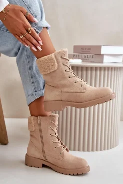 Damskie Ocieplane Botki Workery Na Zamek Beżowe Mivael