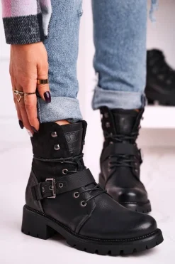 Damskie Ocieplane Botki Workery Czarne Strong