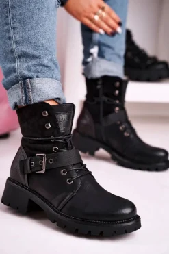 Damskie Ocieplane Botki Workery Czarne Strong