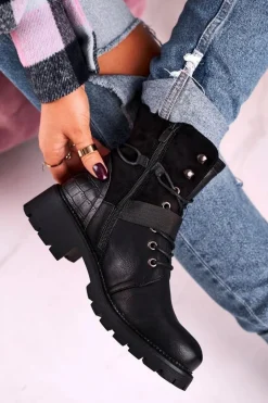 Damskie Ocieplane Botki Workery Czarne Strong